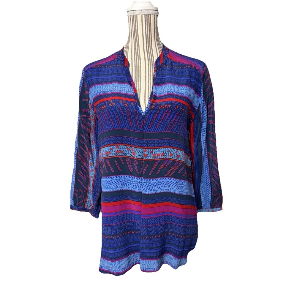 Amanda Uprichard Womens 100% Silk Aztec Print Long Sleeve Blouse Multi Size S
